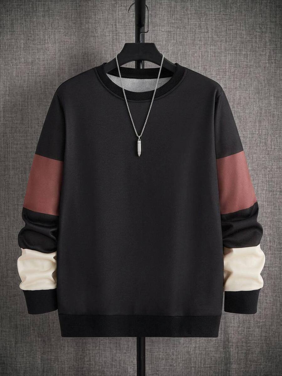 HIMLAND Men Black Color Block Sweatshirt Long Sleeve Crew Neck Patchwork Relaxed Fit Casual Pullover Streetwear Soft Fabric Daily Wear Autumn Spring Style Top - Multicolor - View 1