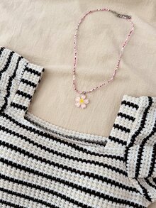SHEIN LMoss Kids 少女條紋方領短袖針織上衣，荷葉邊鏤空紋理短版T恤，復古休閒少女背心 - 黑與白 - 查看 3