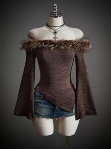 SHEIN ICON Women's Patchwork Fur Trim Off-Shoulder Long Sleeve Fashion T-Shirt - Brown - View 6