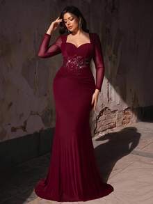 Aureia Plus Size Elegant Burgundy Diamond Neckline Long Sleeve Sequin Mermaid Maxi Dress Fall Wedding Guest Party Dress And Evening Gown Special Occasion - Burgundy - View 6