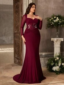 Aureia Plus Size Elegant Burgundy Diamond Neckline Long Sleeve Sequin Mermaid Maxi Dress Fall Wedding Guest Party Dress And Evening Gown Special Occasion - Burgundy - View 7