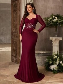 Aureia Plus Size Elegant Burgundy Diamond Neckline Long Sleeve Sequin Mermaid Maxi Dress Fall Wedding Guest Party Dress And Evening Gown Special Occasion - Burgundy - View 10