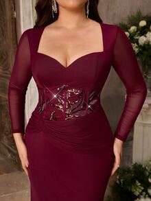 Aureia Plus Size Elegant Burgundy Diamond Neckline Long Sleeve Sequin Mermaid Maxi Dress Fall Wedding Guest Party Dress And Evening Gown Special Occasion - Burgundy - View 5