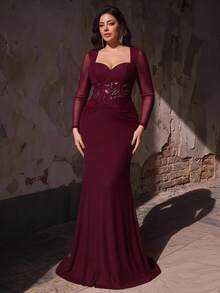 Aureia Plus Size Elegant Burgundy Diamond Neckline Long Sleeve Sequin Mermaid Maxi Dress Fall Wedding Guest Party Dress And Evening Gown Special Occasion - Burgundy - View 12
