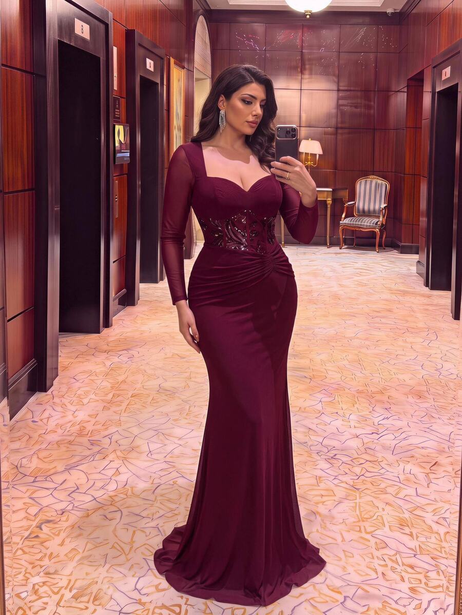 Aureia Plus Size Elegant Burgundy Diamond Neckline Long Sleeve Sequin Mermaid Maxi Dress Fall Wedding Guest Party Dress And Evening Gown Special Occasion