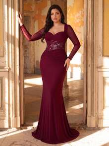 Aureia Plus Size Elegant Burgundy Diamond Neckline Long Sleeve Sequin Mermaid Maxi Dress Fall Wedding Guest Party Dress And Evening Gown Special Occasion - Burgundy - View 4