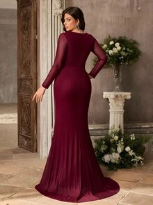 Aureia Plus Size Elegant Burgundy Diamond Neckline Long Sleeve Sequin Mermaid Maxi Dress Fall Wedding Guest Party Dress And Evening Gown Special Occasion - Burgundy - View 3