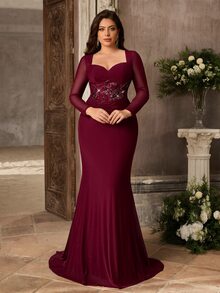 Aureia Plus Size Elegant Burgundy Diamond Neckline Long Sleeve Sequin Mermaid Maxi Dress Fall Wedding Guest Party Dress And Evening Gown Special Occasion - Burgundy - View 9