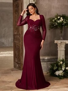 Aureia Plus Size Elegant Burgundy Diamond Neckline Long Sleeve Sequin Mermaid Maxi Dress Fall Wedding Guest Party Dress And Evening Gown Special Occasion - Burgundy - View 8