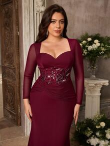 Aureia Plus Size Elegant Burgundy Diamond Neckline Long Sleeve Sequin Mermaid Maxi Dress Fall Wedding Guest Party Dress And Evening Gown Special Occasion - Burgundy - View 11