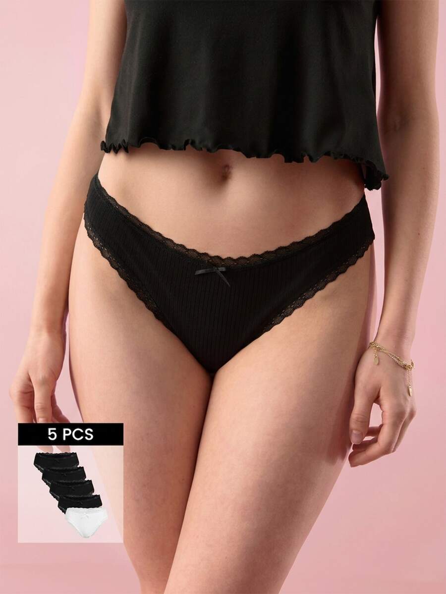 Bonmuse 7条装女士花卉撞色蕾丝边100%纯棉内裤 - 黑與白 - 查看 1