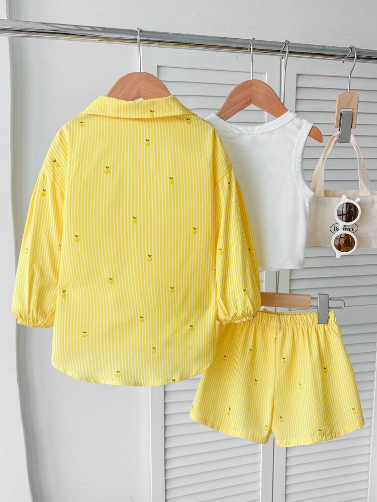 Young Girls Woven Striped Casual Shirt + Knitted Solid Color Vest + Shorts 3 Pieces Set - Yellow - View 8