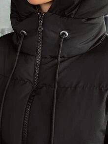 SHEIN معطف شتوي مبطن بسحاب وغطاء رأس بلون موحد كاجوال للاستخدام اليومي للنساء - الأسود - مشاهدة 7