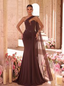 Glamrae Burgundy Elastic Fabric One-Shoulder Sheer Mesh Rhinestone Pleated Mermaid Floor-Length Evening Gown With Train For Wedding Guest Gala Prom Party - Coffee Brown - View 8