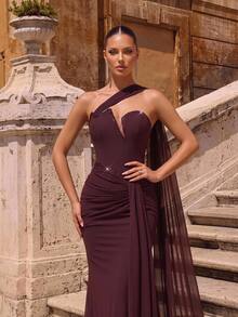 Glamrae Burgundy Elastic Fabric One-Shoulder Sheer Mesh Rhinestone Pleated Mermaid Floor-Length Evening Gown With Train For Wedding Guest Gala Prom Party - Coffee Brown - View 3