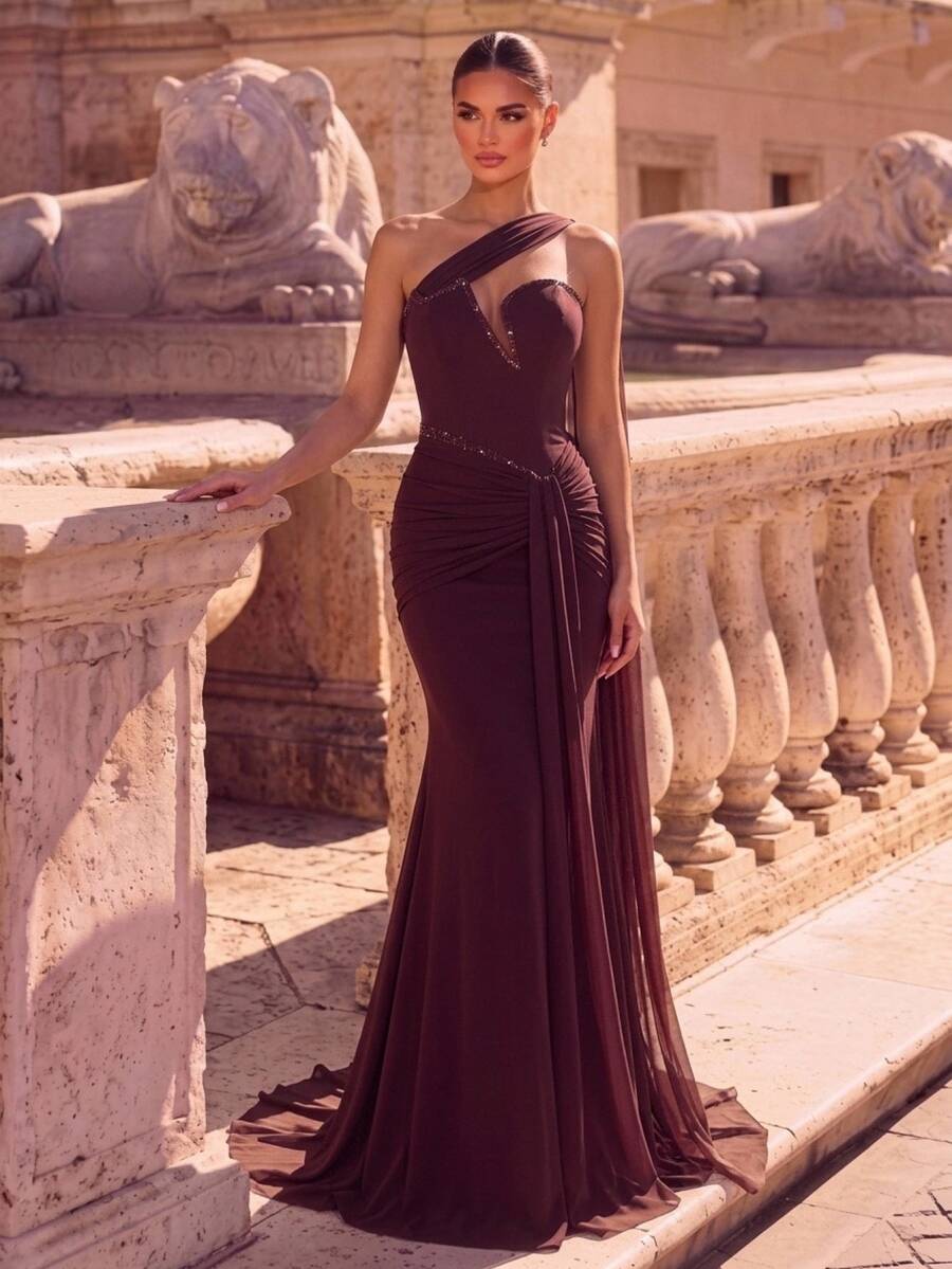 Glamrae Burgundy Elastic Fabric One-Shoulder Sheer Mesh Rhinestone Pleated Mermaid Floor-Length Evening Gown With Train For Wedding Guest Gala Prom Party