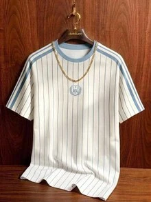 Aesthetic Post 復古藍白條紋短袖中性情侶T恤 夏季休閒畢業返校薄款運動球衣 寬鬆圓領 NY徽章 度假款 - 彩色 - 查看 2