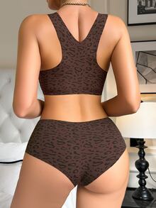 2pcs/Set Leopard Print Seamless Casual Lingerie Set ClassicAnimalPrint - Coffee Brown - View 2