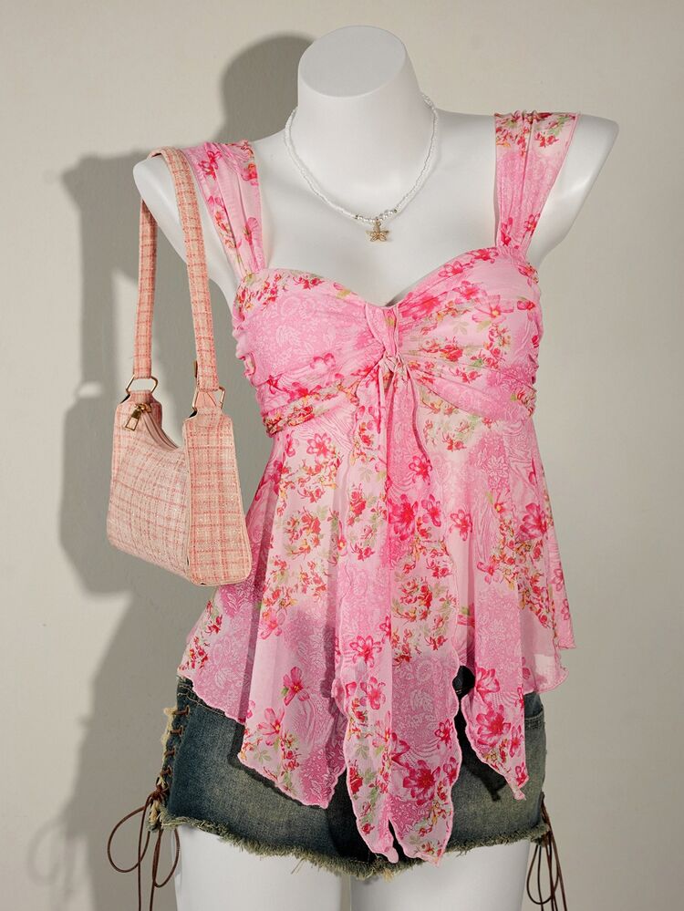 SHEIN ICON Women's Vacation Floral Print Pleated Fashion 4th Of July Women Cute Summer Top Pink Babydoll - Pink - View 1