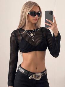 SHEIN ICON 黑色簡約無胸墊短上衣 - 黑色 - 查看 7