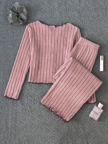 SHEIN 青少年女孩抓絨蝴蝶結V領長袖上衣與長褲睡衣套裝 秋冬穿搭 萬聖節/聖誕派對 - 酒紅色 - 查看 7