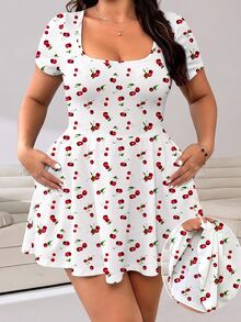 Solflare Women's Plus Size Cherry Pattern Square Neck Casual Jumpsuit - Multicolor - View 5
