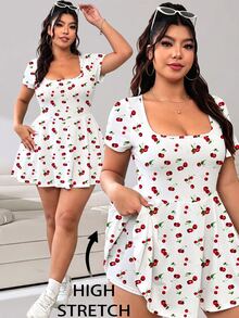 Solflare Women's Plus Size Cherry Pattern Square Neck Casual Jumpsuit - Multicolor - View 1