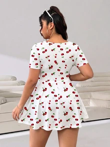 Solflare Women's Plus Size Cherry Pattern Square Neck Casual Jumpsuit - Multicolor - View 2