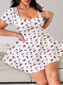 Solflare Women's Plus Size Cherry Pattern Square Neck Casual Jumpsuit - Multicolor - View 4