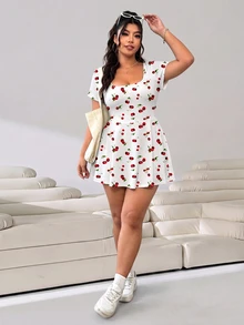 Solflare Women's Plus Size Cherry Pattern Square Neck Casual Jumpsuit - Multicolor - View 3