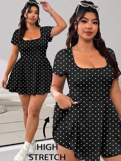 Solflare Casual Minimalist Retro Polka Dot Print Plus Size Women Short Sleeve Jumpsuit, Suitable For Summer