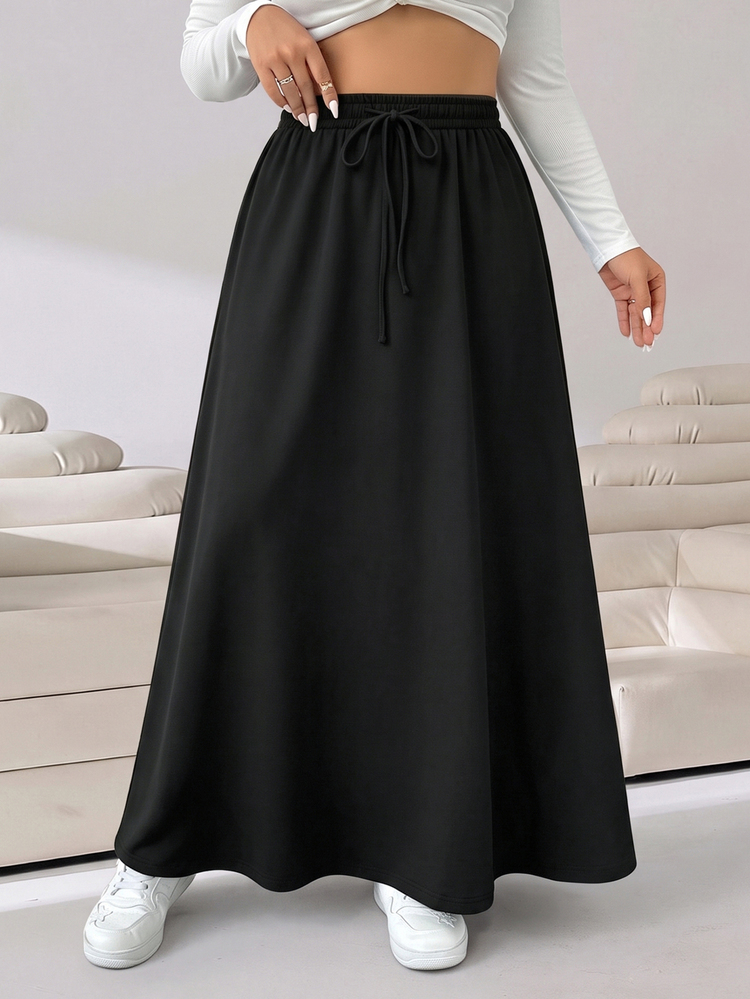 Solflare Casual Baggy Plus Size Black Textured Fabric Skirt Spring Autumn Fall Formal Birthday Vacation - Black - View 4