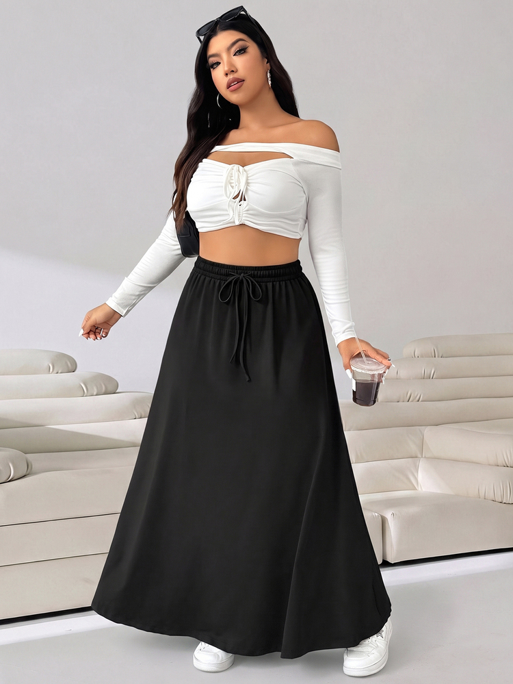 Solflare Casual Baggy Plus Size Black Textured Fabric Skirt Spring Autumn Fall Formal Birthday Vacation - Black - View 5