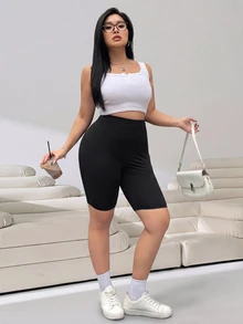 SHEIN EZwear 大尺碼女款黑色豹紋針織修身短褲內搭褲兩件套，正式寬鬆辦公沙灘米色夏季休閒端莊棕色 - 彩色 - 查看 4