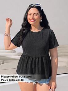 Solflare Plus Size Women's Round Neck Patchwork A-Line Solid Color Cotton Doll Dress T-Shirt Bussines Black Summer Casual Capsule - Black - View 5