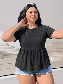 Solflare Plus Size Women's Round Neck Patchwork A-Line Solid Color Cotton Doll Dress T-Shirt Bussines Black Summer Casual Capsule - Black - View 3
