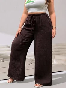 Solflare Plus Size Women's Solid Color Drawstring Waist Casual Soft Form Modest Versatile Daily Wear Long Pants Vacation Brown Summer - Brown - View 4