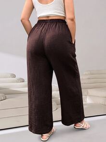 Solflare Plus Size Women's Solid Color Drawstring Waist Casual Soft Form Modest Versatile Daily Wear Long Pants Vacation Brown Summer - Brown - View 2