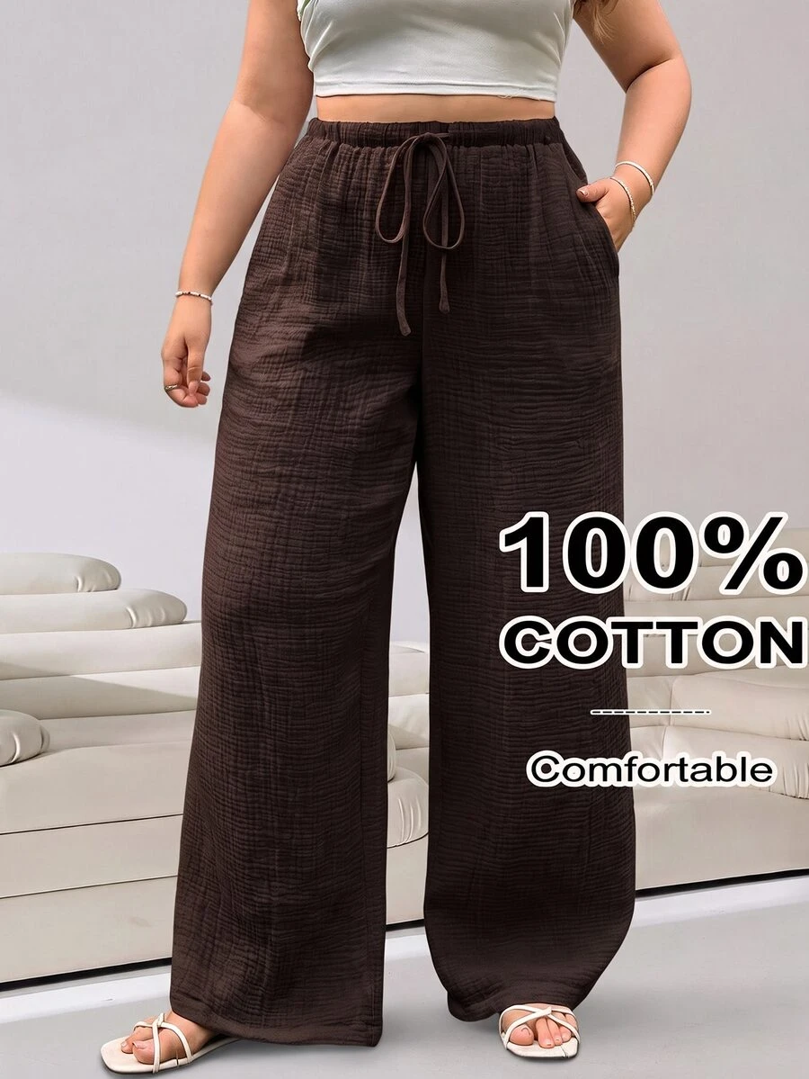 Solflare Plus Size Women's Solid Color Drawstring Waist Casual Soft Form Modest Versatile Daily Wear Long Pants Vacation Brown Summer - Brown - View 1