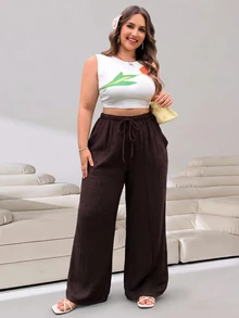 Solflare Plus Size Women's Solid Color Drawstring Waist Casual Soft Form Modest Versatile Daily Wear Long Pants Vacation Brown Summer - Brown - View 3