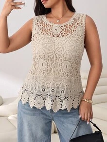 SHEIN EZwear Plus Size Women Spring/Summer Solid Color Hollow Casual Versatile Daily Wear Knit Top - Apricot - View 7