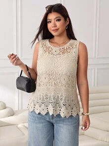 SHEIN EZwear Plus Size Women Spring/Summer Solid Color Hollow Casual Versatile Daily Wear Knit Top - Apricot - View 6
