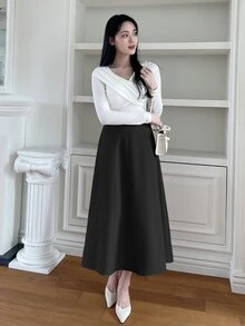 DAZY Women's Solid Color A-Line Elegant Skirt With Zipper For Spring/Summer,Back To School Clothes - Black - View 5