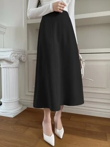 DAZY Women's Solid Color A-Line Elegant Skirt With Zipper For Spring/Summer,Back To School Clothes - Black - View 1
