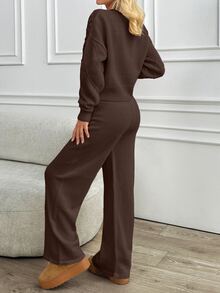 SHEIN طقم من قطعتين: كارديجان بأكمام طويلة محبوك بنقشة الكابل وبنطال طويل كاجوال - شوكولاته بني - مشاهدة 2