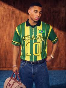 Manfinity Campus Court American Retro Brazil Team Style Yellow & Green Striped Color-Block English Print Short Sleeve Jersey,Men's & Women's Summer Casual Sport Shirt - Multicolor - View 6
