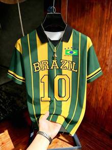 Manfinity Campus Court American Retro Brazil Team Style Yellow & Green Striped Color-Block English Print Short Sleeve Jersey,Men's & Women's Summer Casual Sport Shirt - Multicolor - View 4