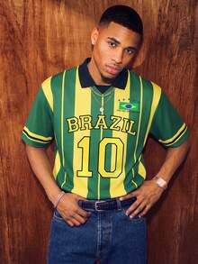 Manfinity Campus Court American Retro Brazil Team Style Yellow & Green Striped Color-Block English Print Short Sleeve Jersey,Men's & Women's Summer Casual Sport Shirt - Multicolor - View 7