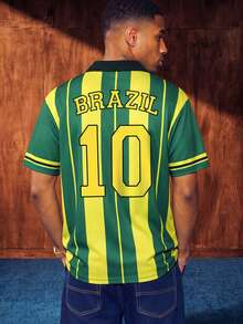 Manfinity Campus Court American Retro Brazil Team Style Yellow & Green Striped Color-Block English Print Short Sleeve Jersey,Men's & Women's Summer Casual Sport Shirt - Multicolor - View 5