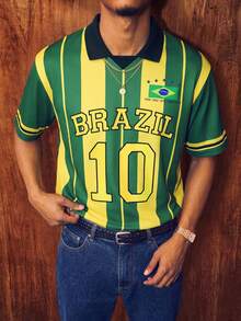 Manfinity Campus Court American Retro Brazil Team Style Yellow & Green Striped Color-Block English Print Short Sleeve Jersey,Men's & Women's Summer Casual Sport Shirt - Multicolor - View 1